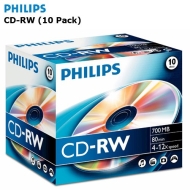 Philips CD-RW Recordable/Rewritable Discs (10 Pack) 700MB Data 4-12 x Speed - 80 Min Audio - Suitable For Both Data And Audio Storage