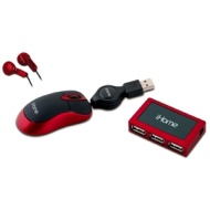 iHome IH-B936NR Red 3 Buttons 1 x Wheel USB Wired Optical Retractable Netbook Mouse, 4-Port USB 2.0 Hub &amp; Ear Buds w/ Microphone Bundle