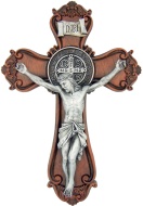 Saint Benedict Medal Wood 2 Tone Crucifix Hanging Resin Wall Exocism Cross 11 Inch