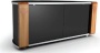 MDA Designs Sirius 850 Remote Friendly Beam Thru Glass Door Walnut / Oak Changable Panels High Gloss Piano Black with Brushed Aluminium Trim 26"-40" L